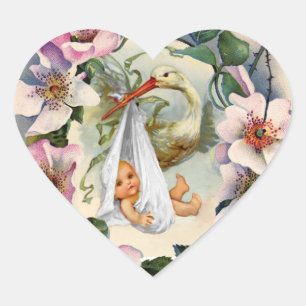 NEUTRAL STORK BABY SHOWER PINK WILD ROSES CROWN HEART STICKER