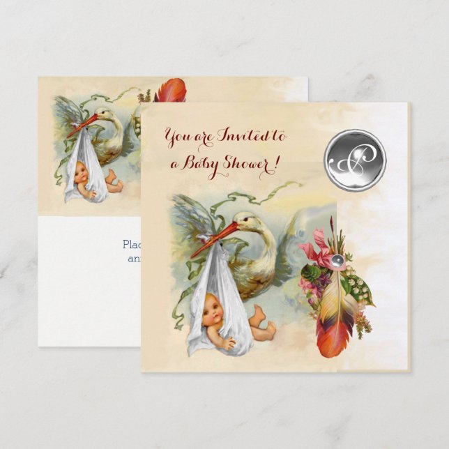 NEUTRAL STORK BABY SHOWER WHITE GEMSTONE MONOGRAM INVITATION (Front/Back)