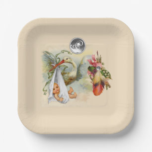 NEUTRAL STORK BABY SHOWER WHITE GEMSTONE MONOGRAM PAPER PLATES