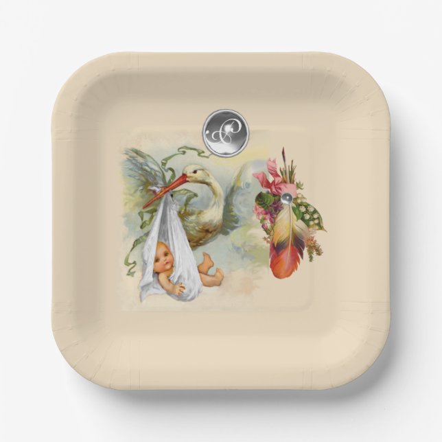 NEUTRAL STORK BABY SHOWER WHITE GEMSTONE MONOGRAM PAPER PLATES (Front)