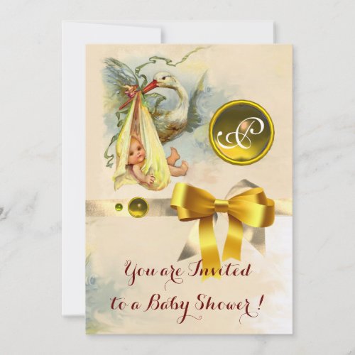 NEUTRAL STORK BABY SHOWER YELLOW GEMSTONE MONOGRAM INVITATION