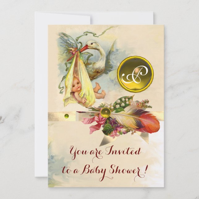 NEUTRAL STORK BABY SHOWER YELLOW GEMSTONE MONOGRAM INVITATION (Front)