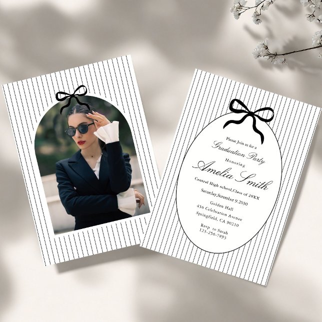 Neutral Striped Brown Bow Graduation Invitation (Creator Uploaded)