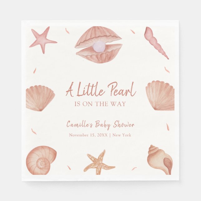 Neutral Summer Ocean Seashell Pearl Baby Shower  Napkins (Front)
