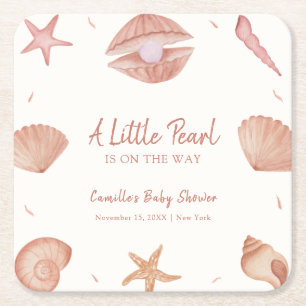 Neutral Summer Ocean Seashell Pearl Baby Shower  Square Paper Coaster