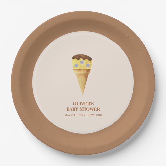 Neutral Summer Scoop Ice Cream Boy Baby Shower  Paper Plates (Front)