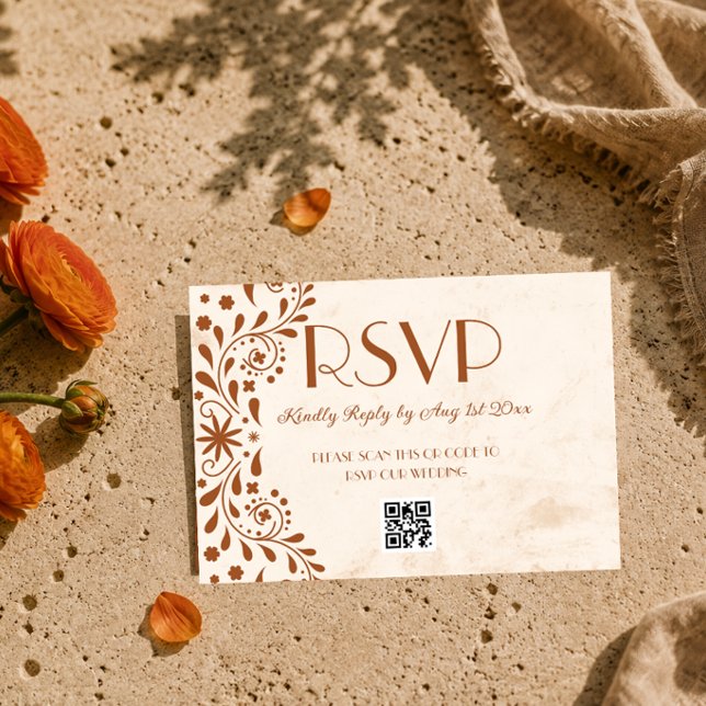 Neutral Talavera Floral Wedding QR code RSVP Card (Creator Uploaded)