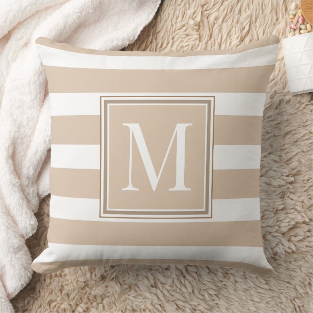 Neutral Tan and White Stripes With Brown Monogram Throw Pillow (Blanket)
