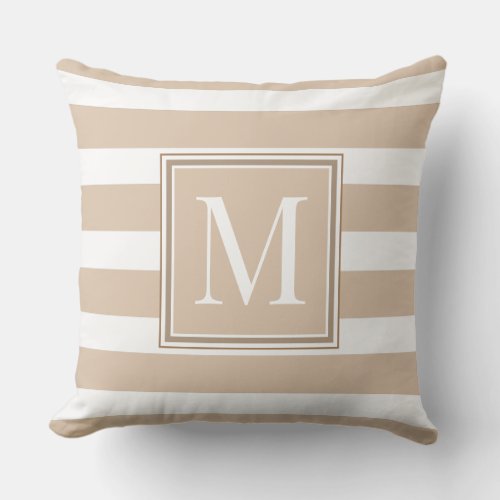 Neutral Tan and White Stripes With Brown Monogram Throw Pillow