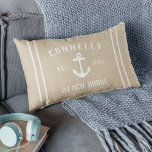 Neutral Tan Beige Beach House Anchor Lumbar Pillow<br><div class="desc">Our soft neutral tan throw pillow features your family name and "beach house" or other house type,  in rustic white lettering. An anchor illustration appears in the center with your year established alongside,  flanked by rope stripe accents.</div>