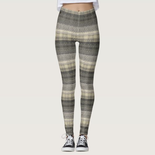 Neutral Tan Beige Gray Plaid Geometric Pattern Leggings