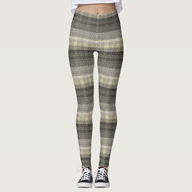 Neutral Tan Beige Gray Plaid Geometric Pattern Leggings (Front)