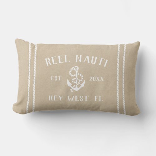 Neutral Tan Beige Personalized Boat Name Anchor Lumbar Pillow