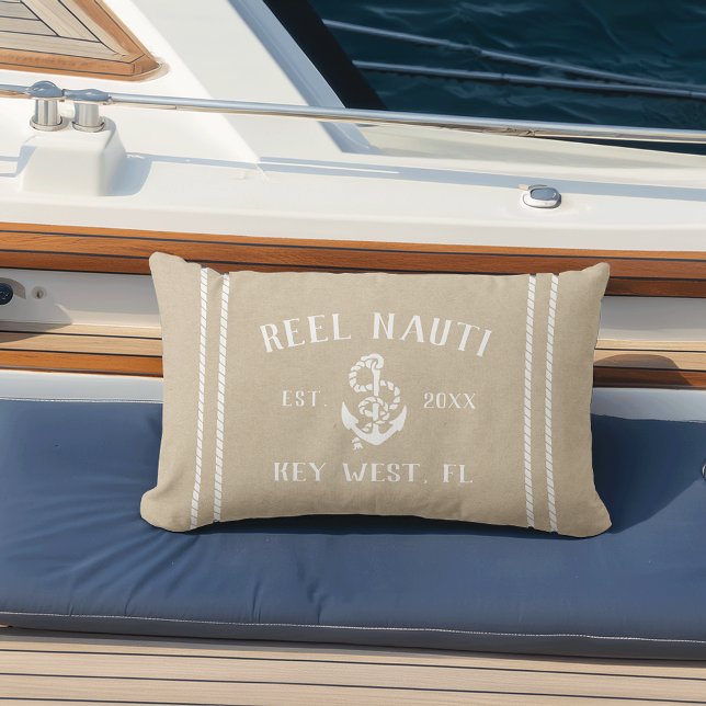 Neutral Tan Beige Personalized Boat Name Anchor Lumbar Pillow (Creator Uploaded)