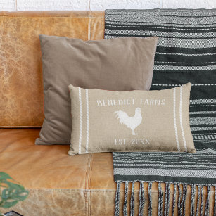 Neutral Tan Beige Personalized Farmhouse Rooster Lumbar Pillow