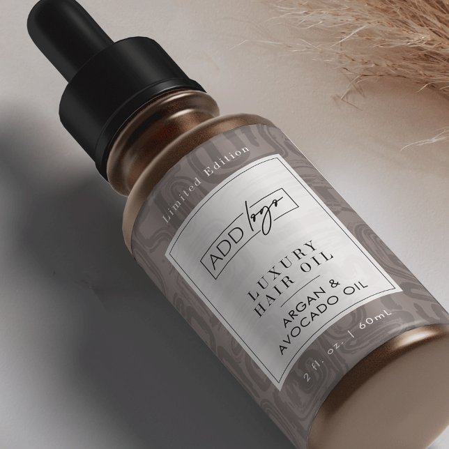 Neutral Tan Bohemian Logo 2OZ Dropper Bottle Label (Elegant earthy tones custom logo cosmetic bottle wrap around label design )