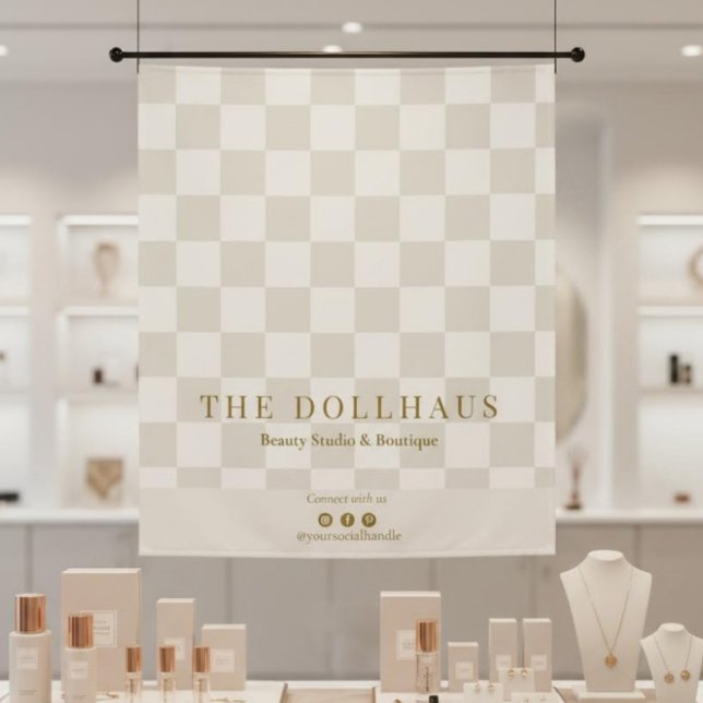 Neutral Tan Checkered Business Name Table Runner Tapestry (Creator Uploaded)