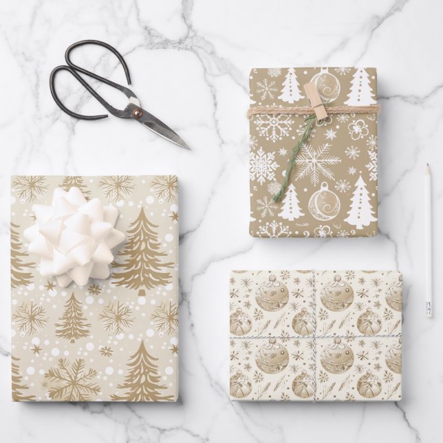 Neutral Tan Festive Christmas Images Wrapping Paper Sheets (Front)