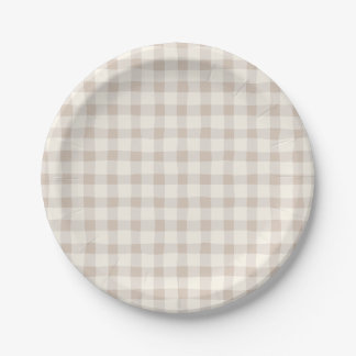 Neutral Tan Gingham  Paper Plates