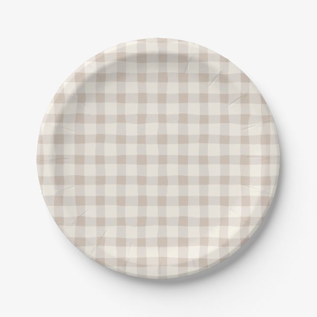 Neutral Tan Gingham  Paper Plates (Front)