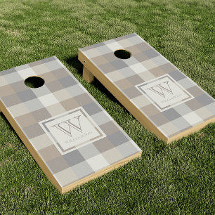 Neutral Tan Gray Ivory Rustic Plaid Monogram Cornhole Set