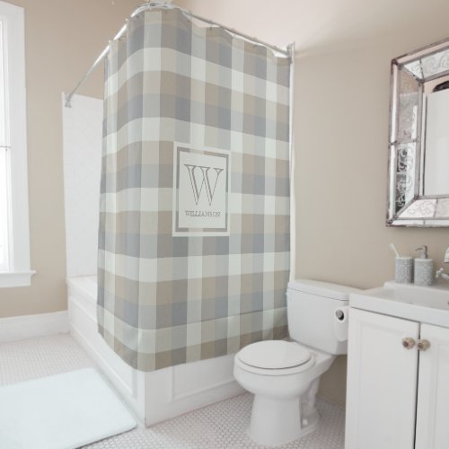 Neutral Tan Gray Ivory Rustic Plaid Monogram Shower Curtain