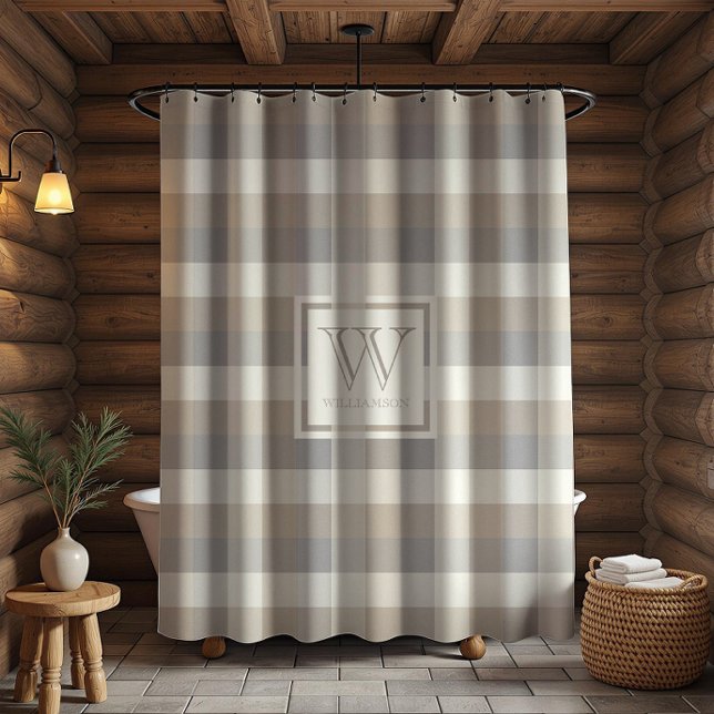 Neutral Tan Gray Ivory Rustic Plaid Monogram Shower Curtain (Creator Uploaded)