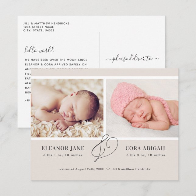 Neutral Tan Modern Twins Birth Announcement Postcard (Front/Back)