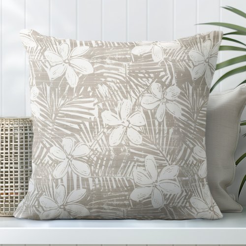 Neutral Tan Tropical Flowers Throw Pillow