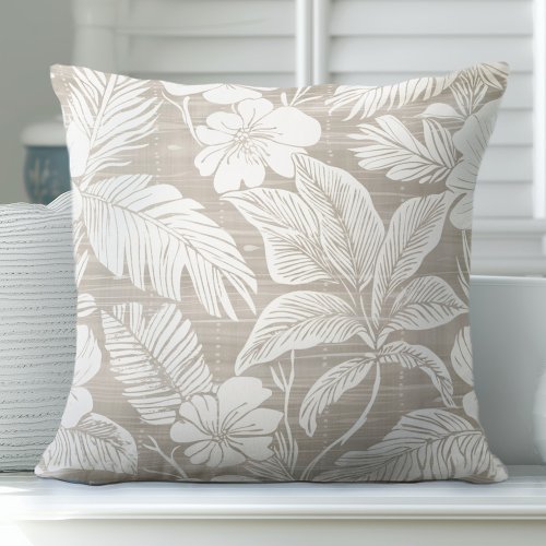 Neutral Tan  White Coastal Floral Throw Pillow