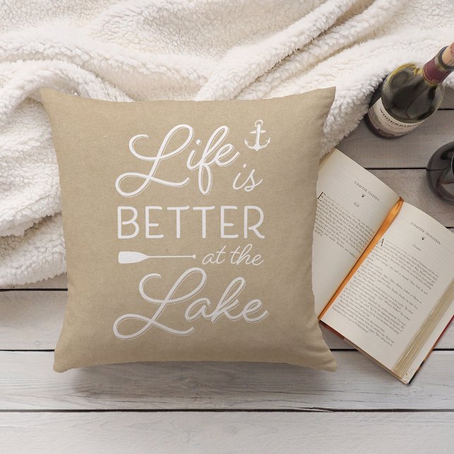 Neutral Tan & White Life Is Better At the Lake Throw Pillow (Creator Uploaded)