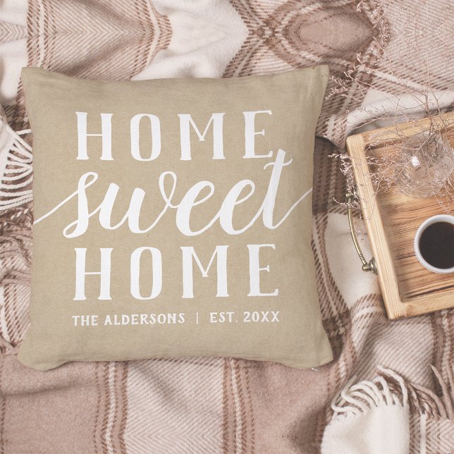 Neutral Tan & White Personalized Home Sweet Home Throw Pillow (Creator Uploaded)