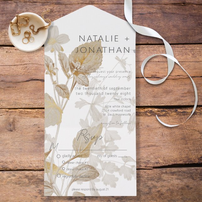 Neutral Tan Wildflowers Modern Dinner All In One Invitation (Creator Uploaded)