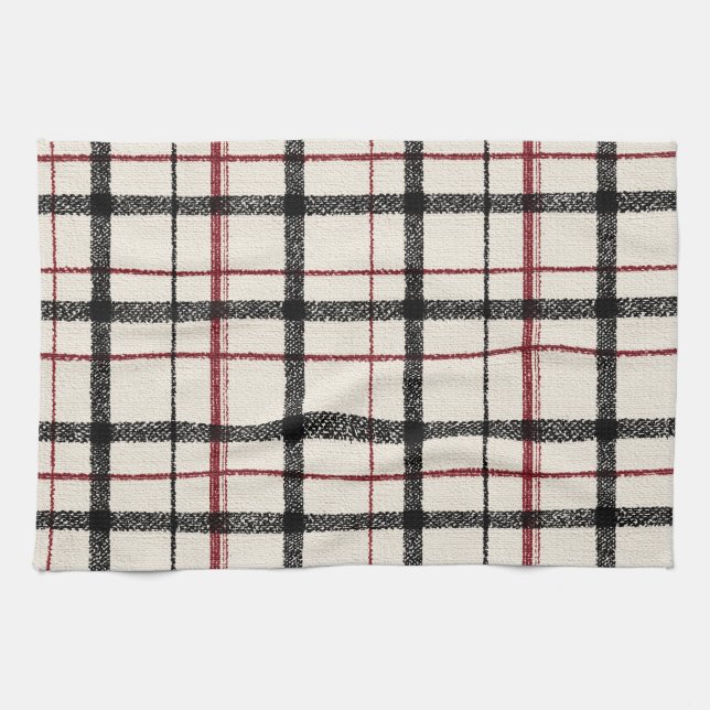 Neutral tartan white black and red kitchen towel (Horizontal)