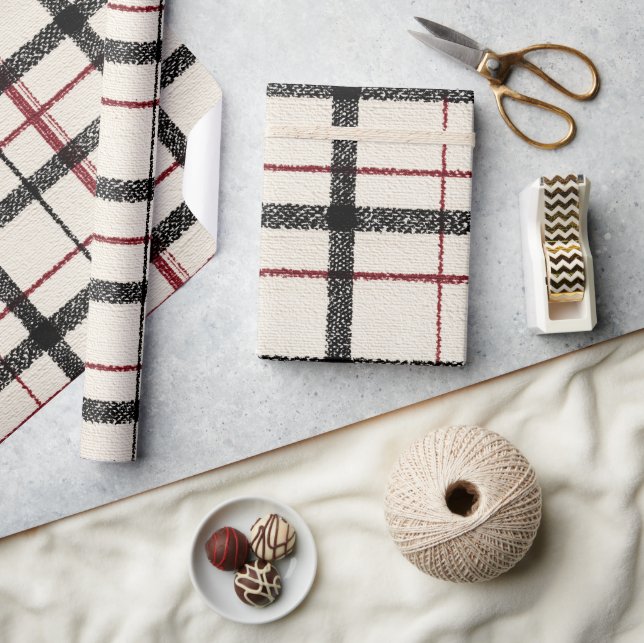 Neutral tartan white black and red wrapping paper (Crafts)
