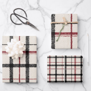Neutral tartan white black and red wrapping paper sheets