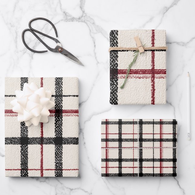 Neutral tartan white black and red wrapping paper sheets (Front)