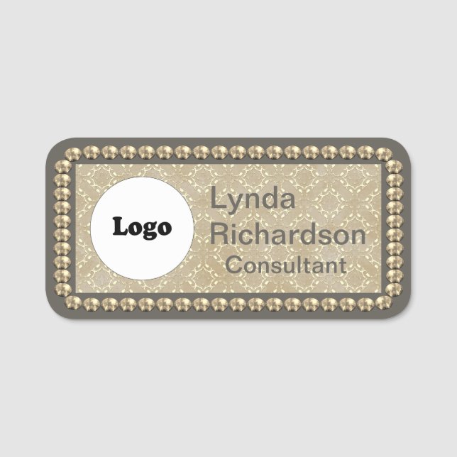 Neutral Taupe Beige and Gold Bling NAME TAG (Front)