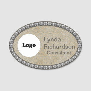 Neutral Taupe Beige and Silver Bling NAME TAG
