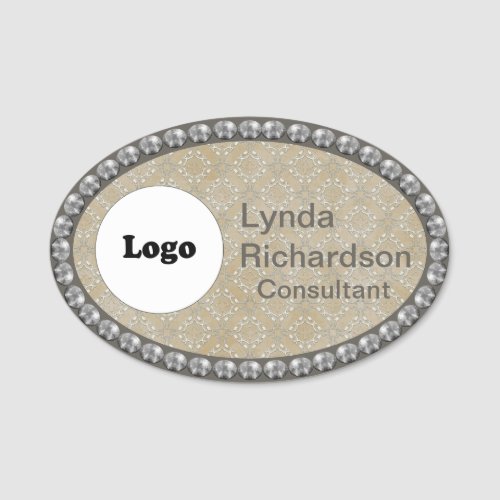 Neutral Taupe Beige and Silver Bling NAME TAG