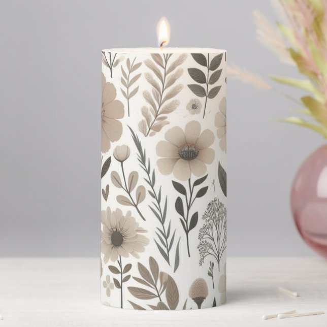 Neutral Taupe Beige Botanical Floral  Pillar Candle (In Situ)