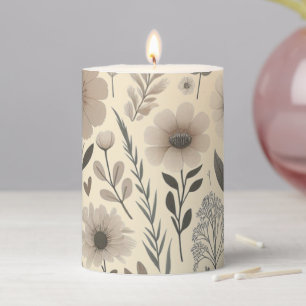 Neutral Taupe Beige Botanical Floral  Pillar Candle