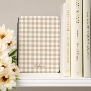 Neutral Taupe Beige Gingham Checkered Custom Name Kindle Cover