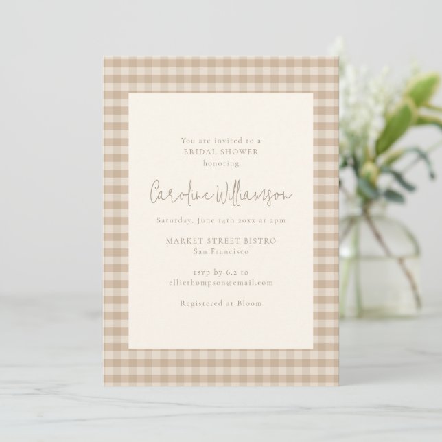 Neutral Taupe Beige Gingham Plaid Bridal Shower Invitation (Standing Front)
