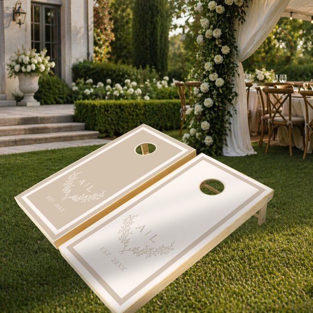 Neutral Taupe Cream Ivory Custom Monogram Wedding  Cornhole Set (Creator Uploaded)