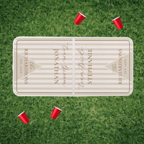 Neutral Taupe Cream Ivory Stripes Custom Wedding Beer Pong Table