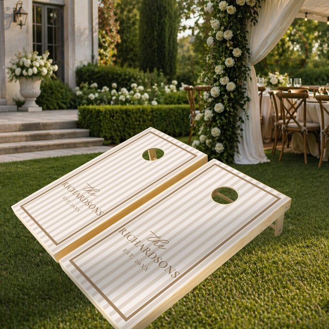 Neutral Taupe Cream Ivory Stripes Custom Wedding  Cornhole Set (Creator Uploaded)
