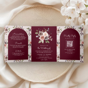 Neutral Taupe Floral QR Code Burgundy Wedding Tri-Fold Invitation