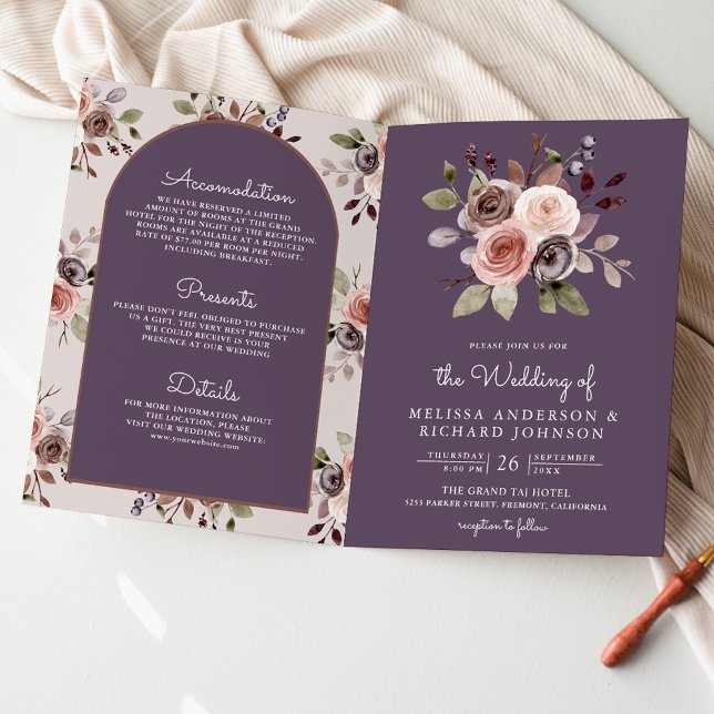 Neutral Taupe Floral QR Code Dusty Purple Wedding Invitation (Creator Uploaded)