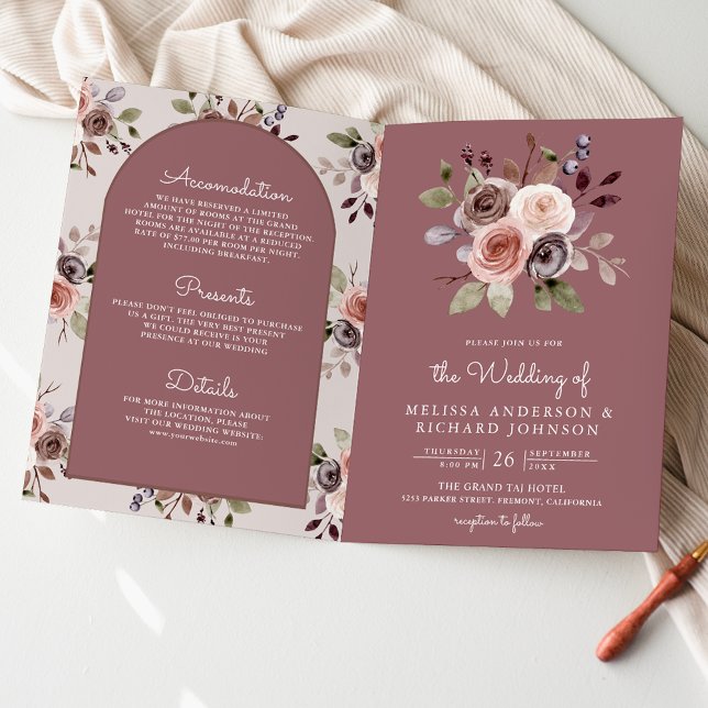 Neutral Taupe Floral QR Code Dusty Rose Wedding Invitation (Creator Uploaded)
